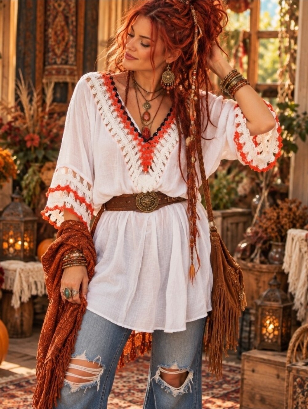 White Crochet Trim Tunic Dress Boho Resortwear Beach Cover Up Festival 70s